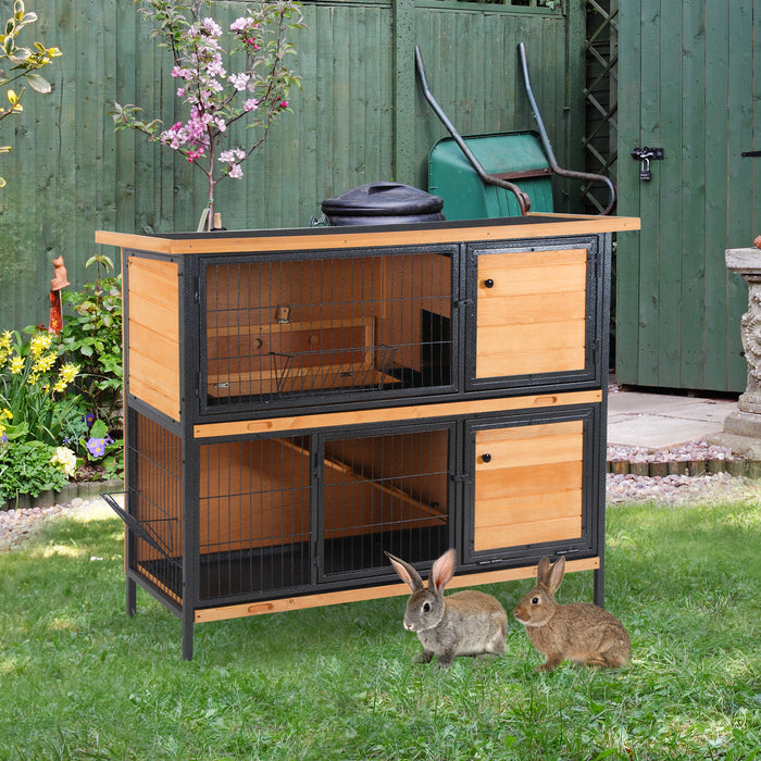 Wooden Rabbit Hutch with Metal Frame - 2-Floor Bunny Cage, Slide-Out Tray, Feeding Trough, Ramp, Lockable Door, Openable Roof - Ideal for Small Pet Housing and Care