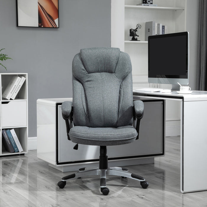 Height Adjustable Grey Linen Fabric Swivel Chair - Ergonomic Home Office Computer Chair with Padded Armrests and Tilt Function - Comfortable Seating for Work and Study