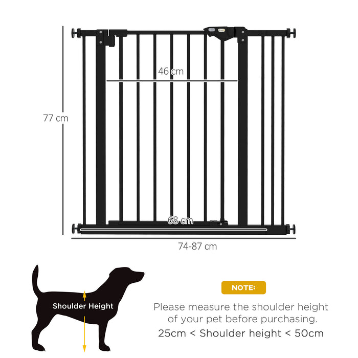 Adjustable Metal Dog Gate, 74-87cm Width, Black - Secure Pet Barrier for Home Safety - Ideal for Keeping Dogs Restricted in Certain Areas