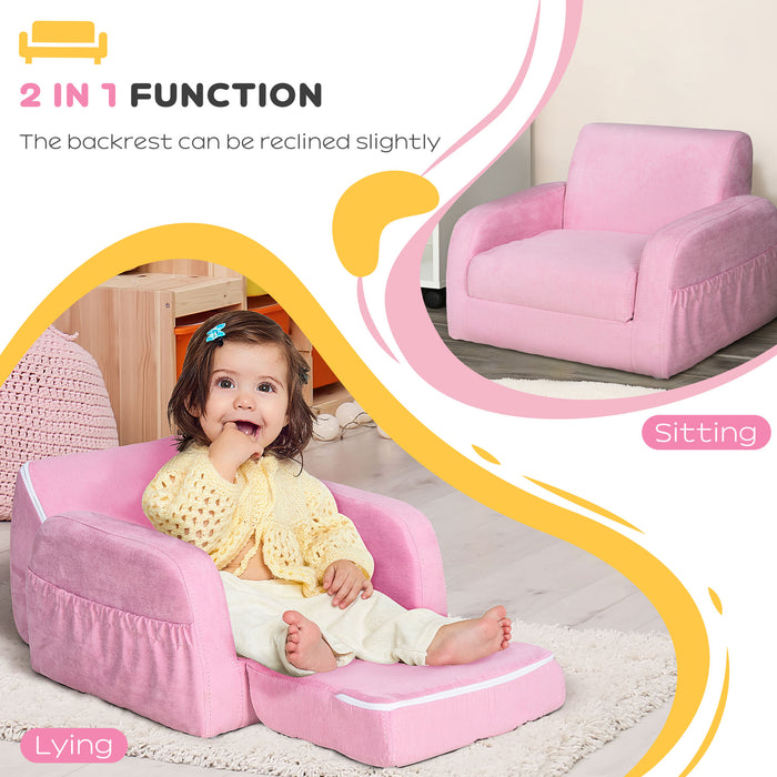 Kids 2-in-1 Armchair and Sofa Bed - Pink, Padded with Fold Out Design, Wood Frame - Perfect for Children's Bedroom or Playroom