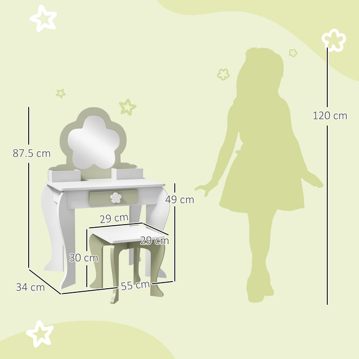 Kids Flower Vanity Set - Mirror, Stool, Drawer & Storage Boxes for Beauty Play - Perfect for Ages 3-6, White Design