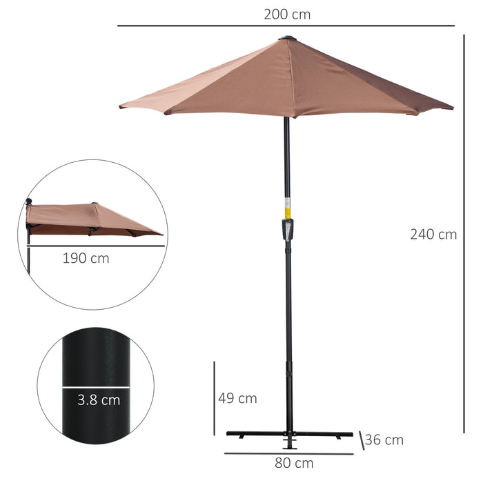 Half Parasol Market Umbrella - 2m Double-Sided Canopy with Crank Handle and Base for Garden and Balcony - Sun-shielding Coffee-Colored Shade for Outdoor Spaces