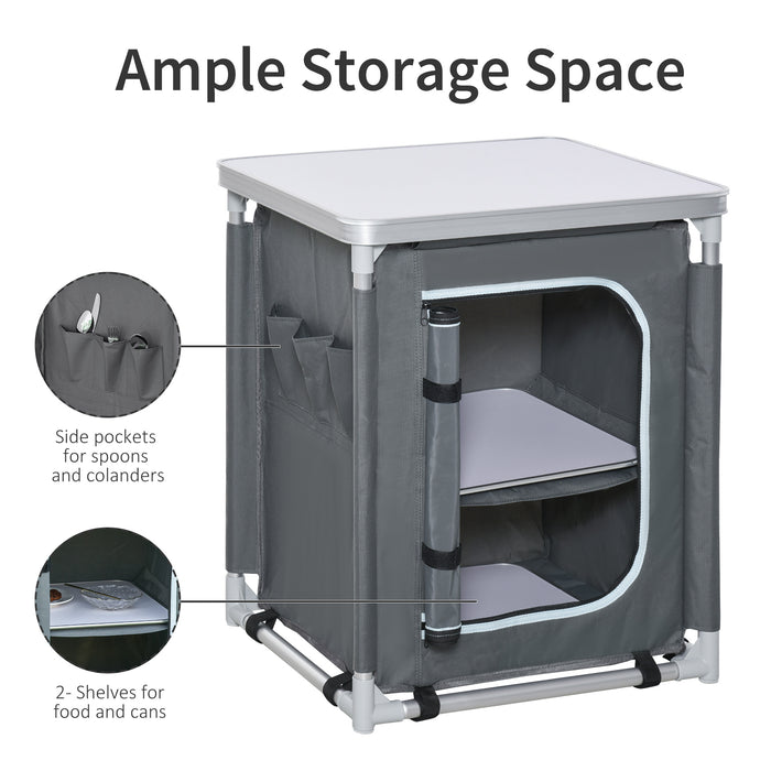 Portable Aluminum Camping Kitchen Station with 2 Shelves - Compact Storage Organizer for Outdoor Cooking and BBQ Parties - Ideal for Picnics and Backyard Gatherings with Convenient Carrying Bag
