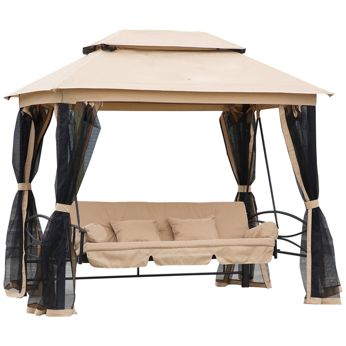 Convertible 3-Seater Swing with Canopy - Outdoor Hammock Bed and Gazebo Bench, Double Tier Roof, Cushions, Mesh Walls - Ideal for Patio, Garden Lounging & Relaxation