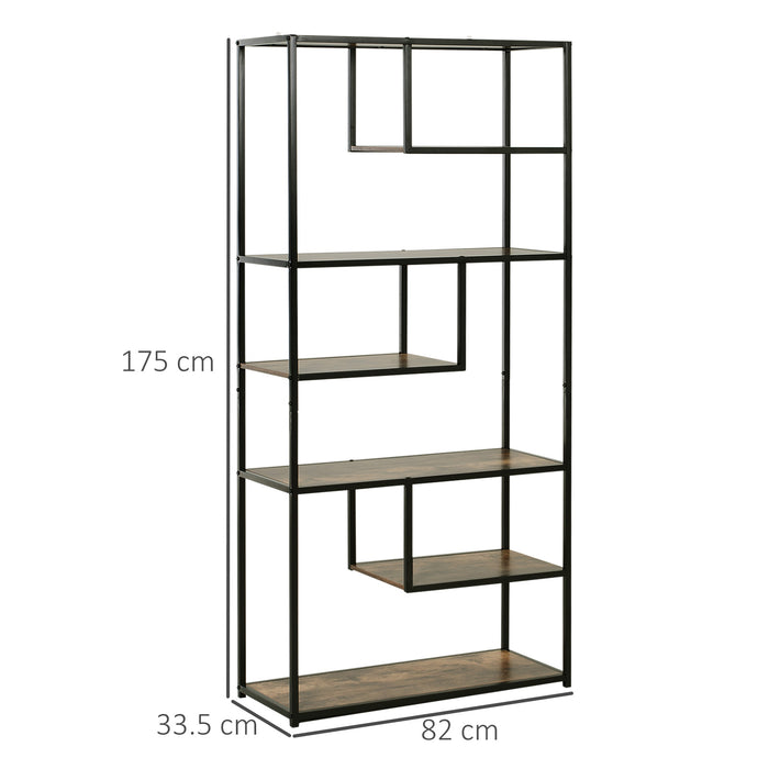 Industrial 6-Tier Staggered Wood Shelving Unit - Modern Bookcase and Display Rack for Living Room - Home Organization and Storage Solution