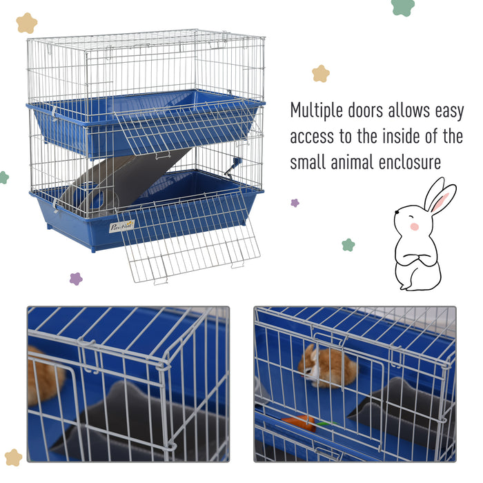 Small Metal Guinea Pig Hutch - Dual-Level, 2-Tier Design in Blue - Ideal for Housing and Comfort of Small Pets