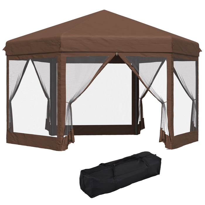 Hexagonal Pop-Up Gazebo - 3x3.5m Canopy with Adjustable Height, Sun Shelter, Mosquito Netting & Zipped Door, Brown - Ideal for Outdoor Parties & Gatherings