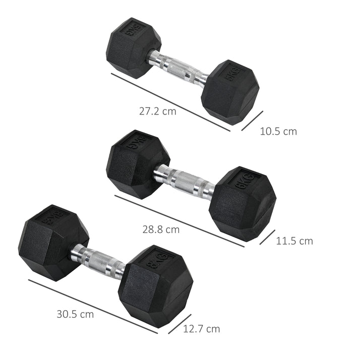 Hexagonal Rubber Dumbbell Set - Home Gym Weights for Strength Training and Fitness - Ideal for Exercise and Lifting, 5kg, 6kg, 8kg Pairs