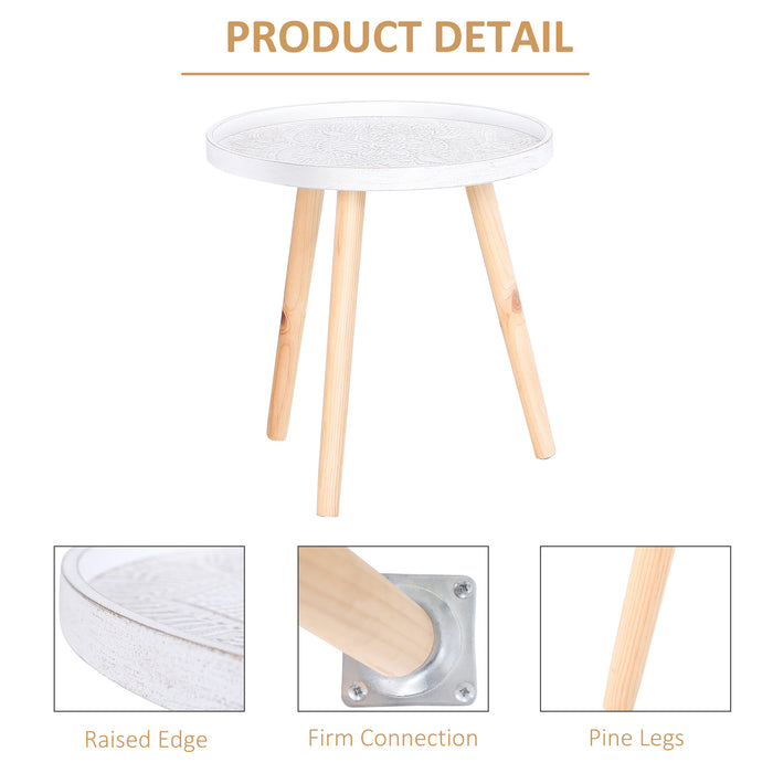 Carved Floral Round Coffee Table Set - Tray-top Design with Wooden Legs, Modern Side Tables - Ideal for Living Room Décor, Pair in White