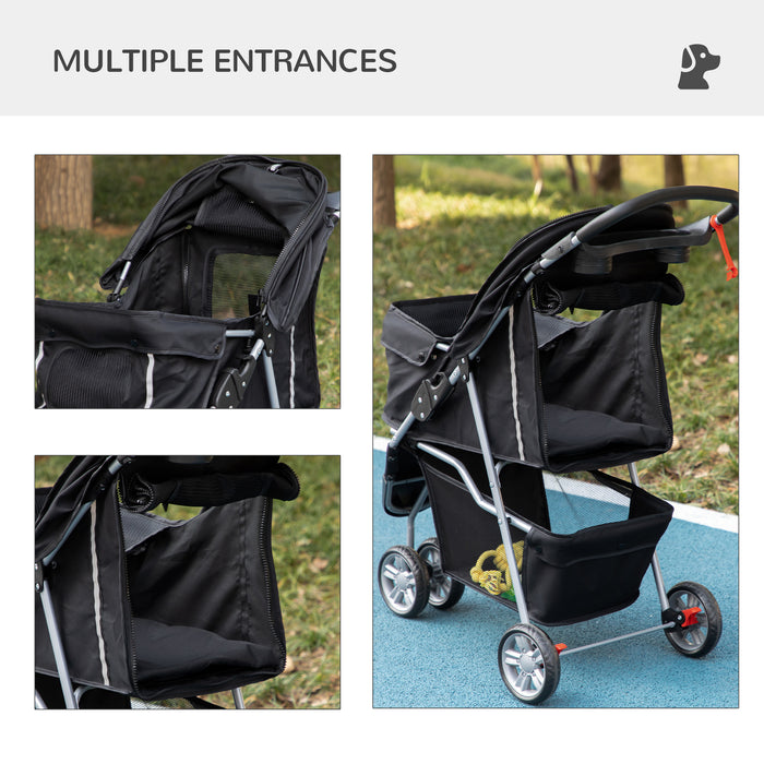 Pet Stroller for Small Dogs and Cats - 3-Wheel Dog Pushchair Trolley with Jogger Carrier Features, Black - Ideal for Travel and Outdoor Activities with Puppies or Miniature Breeds