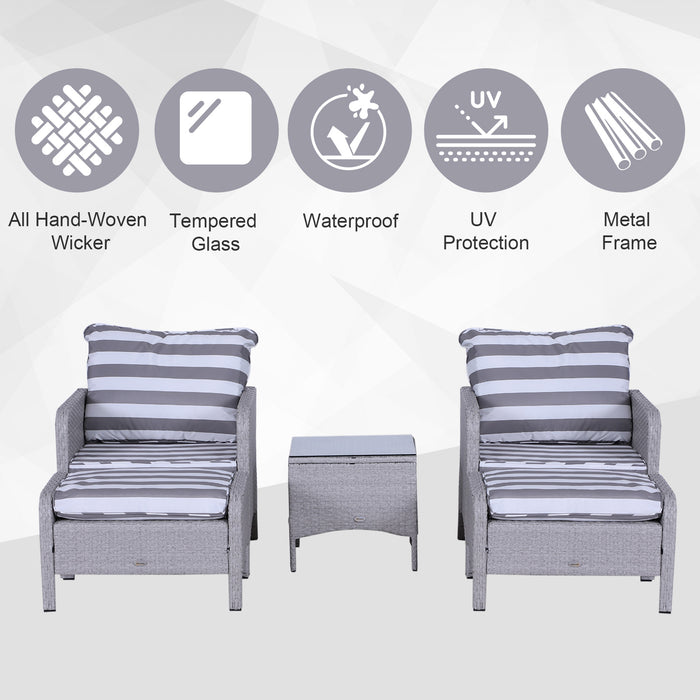 2 Seater PE Rattan Garden Set - Armchairs, Stools & Glass Top Table with Cushions, Wicker Weave - Elegant Outdoor Seating Solution for Couples
