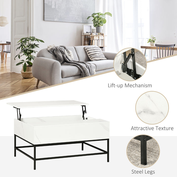 Modern Lifting Coffee Table - Hidden Storage Compartment, Faux Marble Finish - Space-Saving Furniture for Living Room Organization