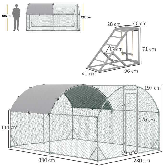 Outdoor Walk-In Chicken Run with Activity Shelf and Weatherproof Cover - Spacious 2.8 x 3.8 x 2m Poultry Enclosure - Ideal for Hen Safety and Exercise