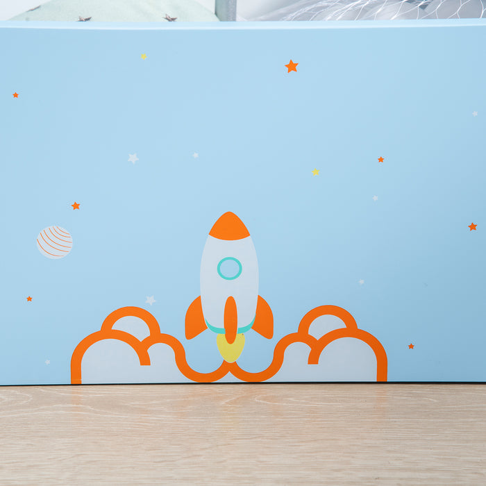 Wooden Toy Chest with Safety Hinge - 2-in-1 Kids Storage Bench and Toy Box Organizer, Rocket Design in Blue - Ideal for Children’s Room Organization