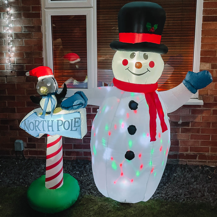 Inflatable Snowman & Penguin with North Pole Sign - 1.9m LED-Lit Christmas Holiday Yard Decor - Perfect for Indoor/Outdoor Festive Lawn Display