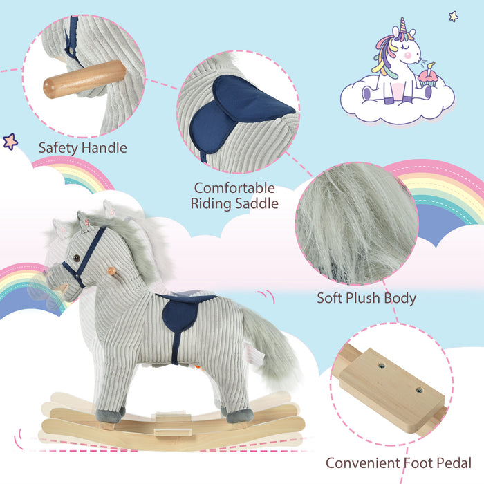 Plush Rocking Horse with Sound Effects - Ribbed Grey Fabric, Kids Ride-On Toy - Perfect for Playtime and Nursery Decor