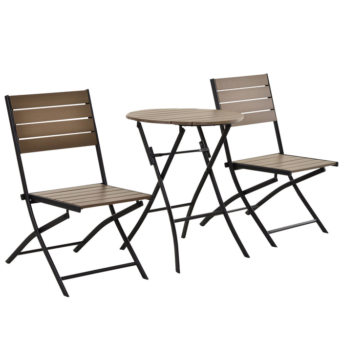 3-Piece Folding Bistro Dining Set - Metal Frame with Slatted Plastic Panels, Compact Design for Garden & Outdoors - Ideal for Apartment Balconies, Black & Brown Combination