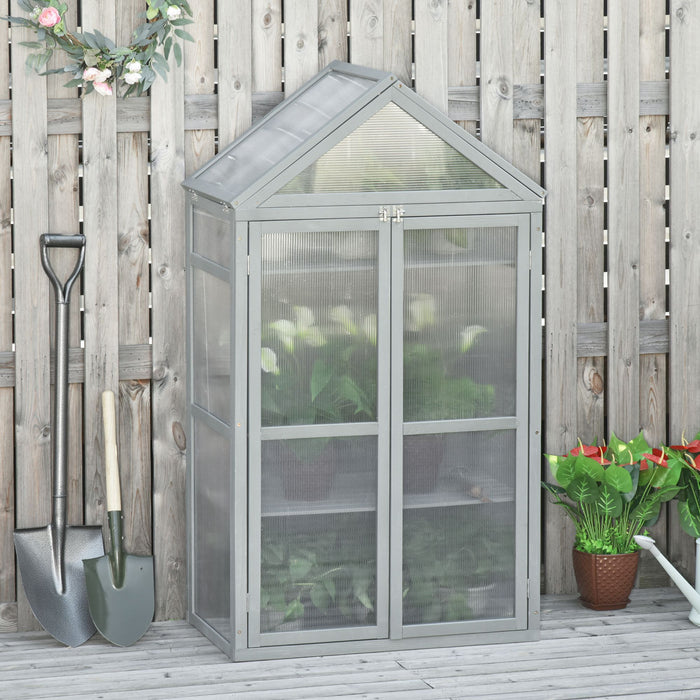 3-Tier Wooden Cold Frame Grow House - Polycarbonate Greenhouse with Adjustable Shelves and Double Doors, 80 x 47 x 138cm in Grey - Ideal for Season Extension and Plant Protection