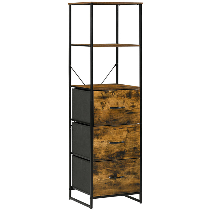 Industrial Storage Organizer - Tall Bookcase with 2 Open Shelves & 3 Foldable Fabric Drawers - Rustic Brown, Ideal for Living Room or Study
