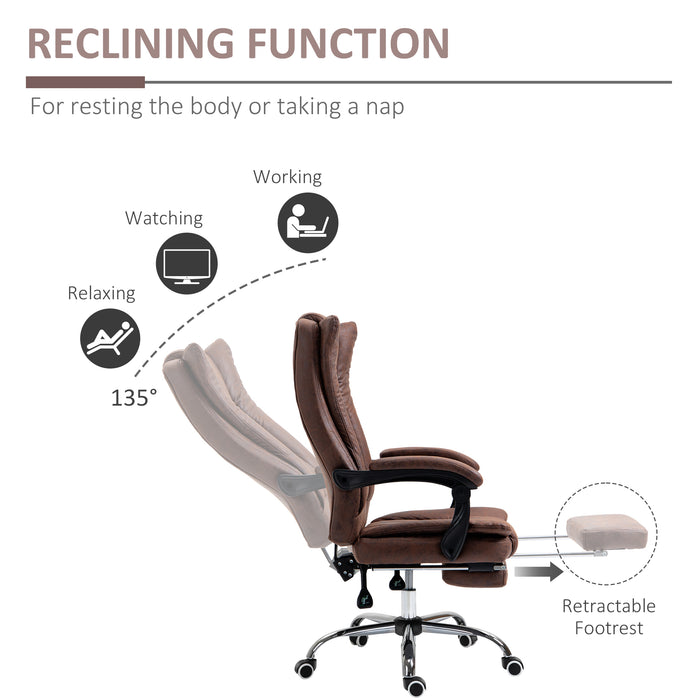 Ergonomic Microfibre Reclining Office Chair with Armrests - Swivel Desk Chair with Wheels and Footrest in Brown - Comfortable Home Office Seating Solution