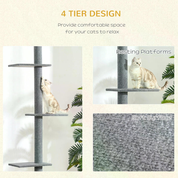 Floor-to-Ceiling 260cm Cat Tree with 3 Perches - Sturdy Kitten Activity Scratching Center, Grey Cat Tower Furniture - Ideal for Playful Felines & Claw Health Management