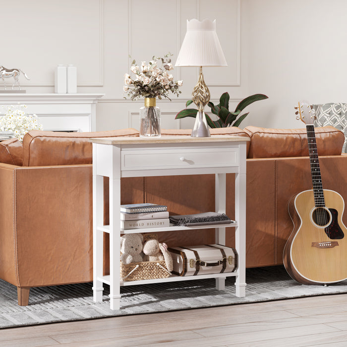 Hallway Console Table with Drawer & 2 Shelves - Elegant Retro-Styled Side Desk with Worktop Handle - Ideal Storage Solution for Bedroom and Living Room