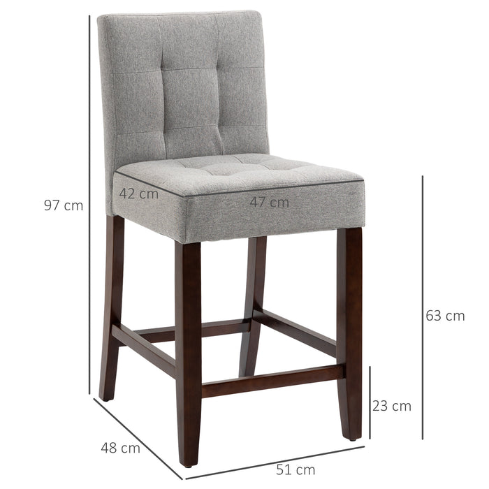 Modern Padded Bar Stools (Set of 2) - Thick Cushioning with Elegant Tufted Back and Sturdy Wooden Legs in Grey - Ideal for Kitchen Counter and Home Bar Comfort Seating