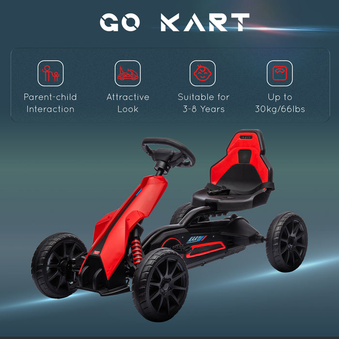 Kids Pedal Go Kart Racer - Adjustable Seat, EVA Tire Shock Absorption, Handbrake - Fun Riding Toy for Ages 3-8, Red