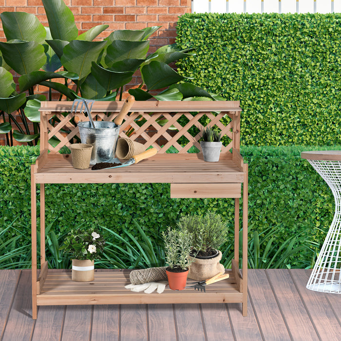 Wooden Garden Potting Table with Drawer - Flower Planting Workstation with Tool Storage and Shelves - Perfect for Gardeners and Outdoor Plant Care