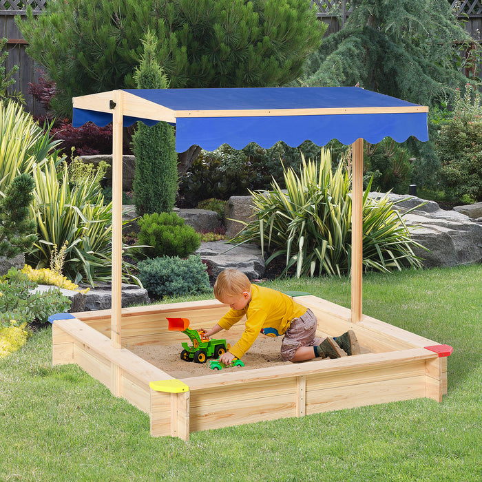 Children's Cabana Sandbox - Wooden Square Sandpit with Adjustable Canopy and Bench Seat - Outdoor Backyard Play Station for Kids Playtime Fun 120x120x120cm