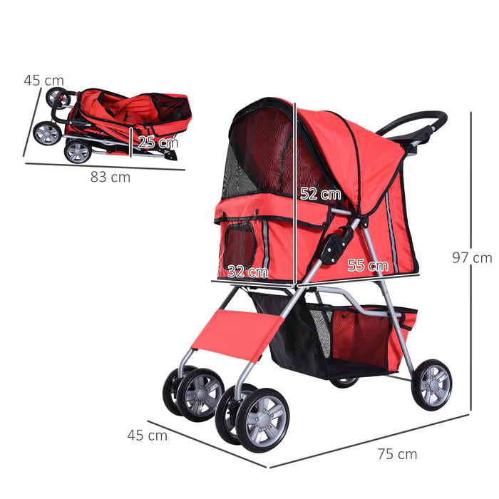 Foldable Pet Stroller for Small Dogs and Cats - Zipper Entry, Travel Carriage with Wheels, Lightweight - Ideal for Pet Transport and Mobility in Red