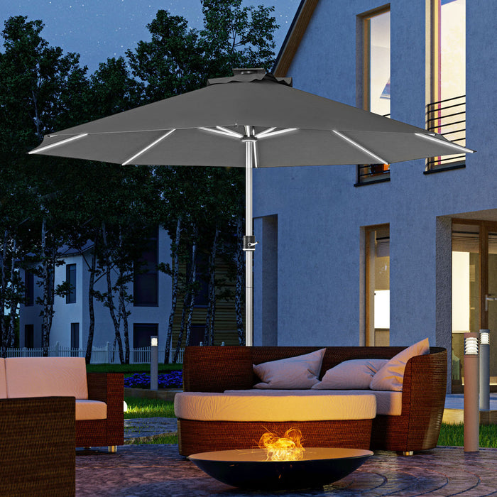 Solar & USB Rechargeable LED Patio Umbrella - Lighted Outdoor Deck Umbrella with 4 Lighting Modes, Charcoal Grey - Ideal for Nighttime Entertaining & Relaxation