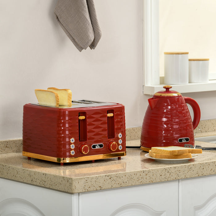 3000W 1.7L Quick Heat Kettle & 4-Slice Toaster Combo - High-Capacity Fast Boiling and Adjustable Browning with Crumb Tray in Red - Ideal for Busy Kitchens and Breakfast Prep