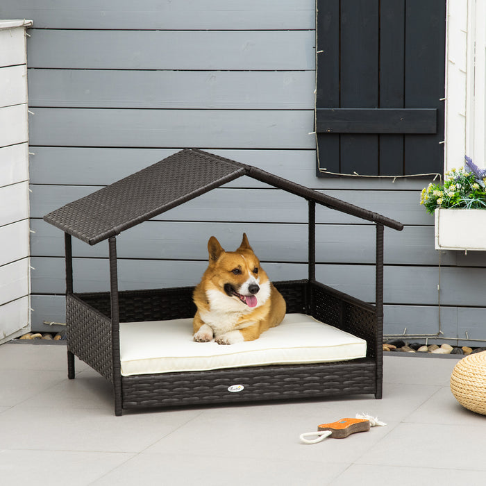 Wicker Canine Abode - Rattan Pet House with Detachable Cushion and Canopy for Small to Medium Dogs - Comfortable Shelter in Cream Color