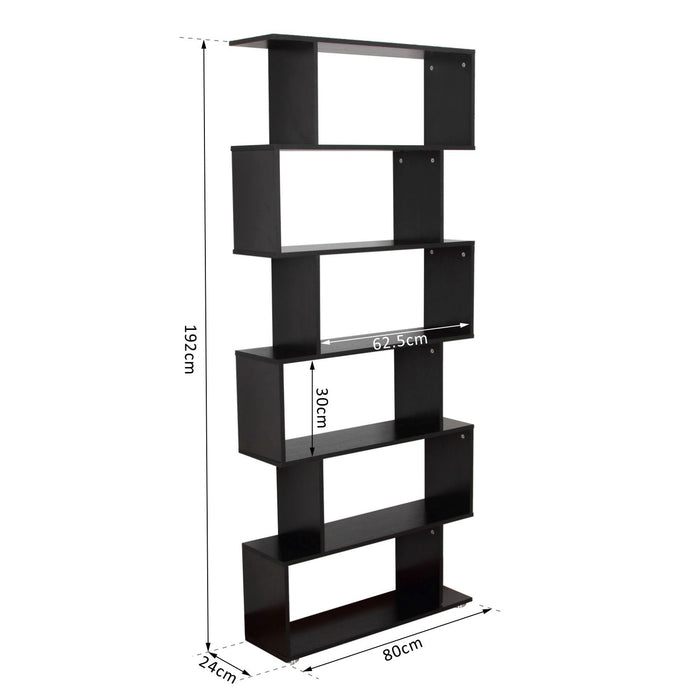 S Shape 6-Tier Wooden Bookshelf - Open Concept Bookcase Storage and Display Unit, Black - Ideal for Home Office and Living Room Organization
