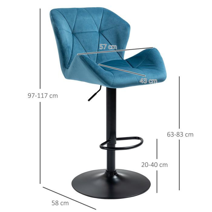 Luxury Velvet Bar Stools - Set of 2 Adjustable Metal Frame Barstools with Footrest and Round Base - Elegant Seating for Home Bar or Kitchen Island