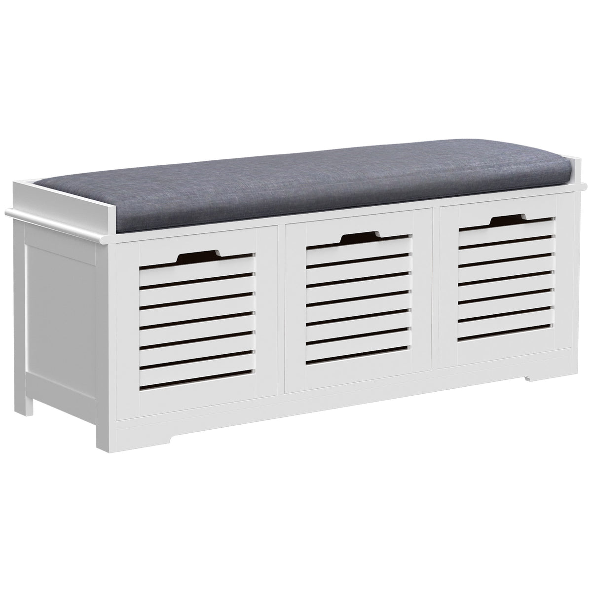 White Storage Bench with 3 Built-In Drawers - Hallway Seating & Organizational Solution with Removable Grey Cushion - Ideal for Entryway Clutter Management