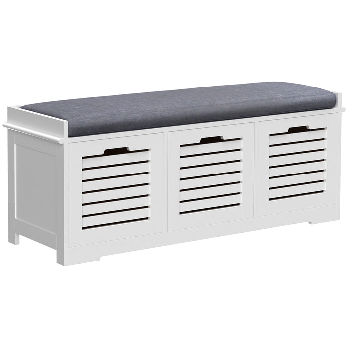 White Storage Bench with 3 Built-In Drawers - Hallway Seating & Organizational Solution with Removable Grey Cushion - Ideal for Entryway Clutter Management