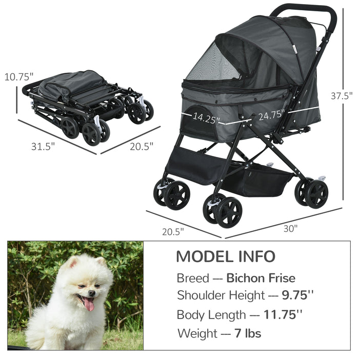 Foldable Pet Stroller and Jogger - Reversible Handle, EVA Wheels with Brake, Safety Leash, Adjustable Canopy, Storage Basket - Comfortable Transportation for Dogs and Cats