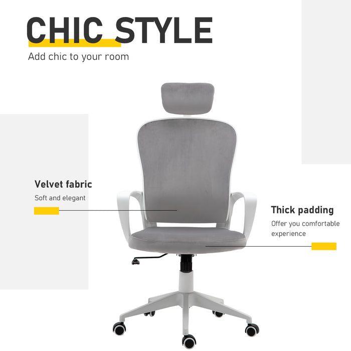 High-Back Velvet Swivel Home Office Chair - Ergonomic Rocking Computer Chair with Wheels, Adjustable Headrest - Comfortable Seating for Work or Gaming Sessions, Grey
