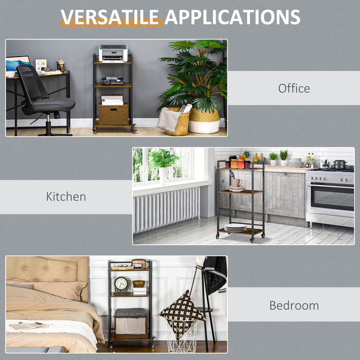 3-Tier Printer Stand with Adjustable Shelving - Rolling Utility Cart Trolley, Lockable Wheels, Rustic Brown Finish - Home Office Organization and Mobility Solution