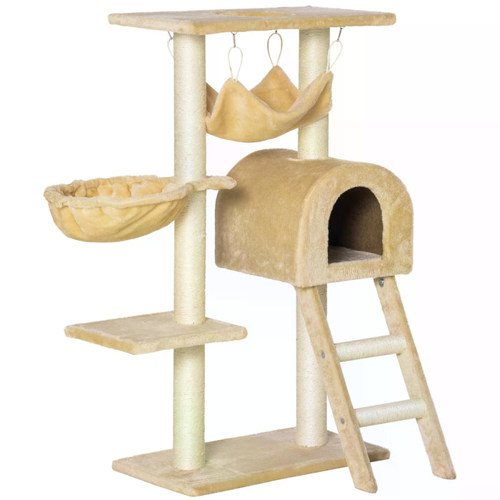 Cat Tree Tower Kitten Activity Centre - Scratching Post, Hammock, Condo Bed, Basket, and Ladder - 98 cm Beige Playhouse for Cats