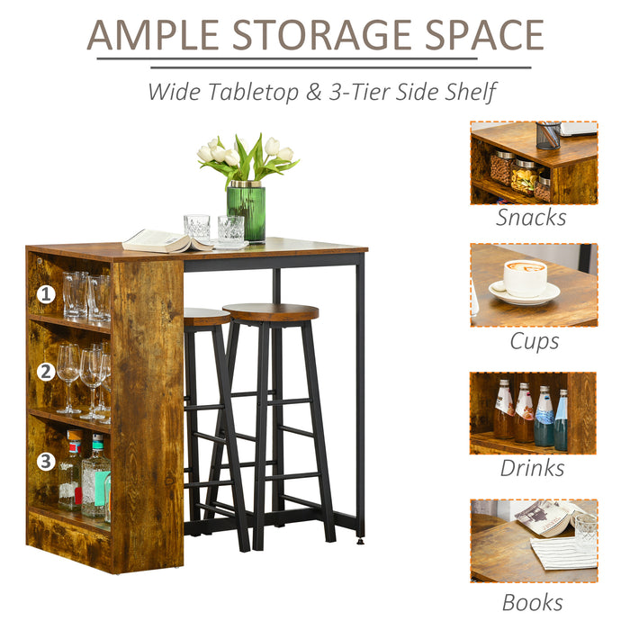 Industrial Style Bar Table Set - 3-Piece Pub Dining Combo with Storage Shelves, Includes Table and 2 Stools - Perfect for Kitchen and Small Spaces