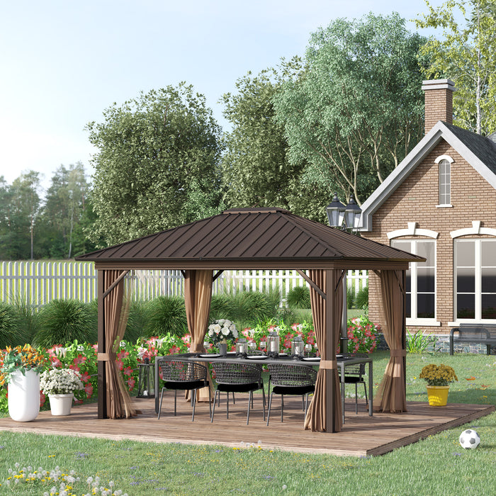 Outdoor Hardtop Gazebo 3.6x3m - Metal Roof Aluminum Frame with Mesh Nettings and Curtains, Brown - Spacious Patio Shelter for Garden Entertaining