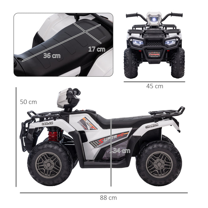 Kids' 12V Electric Quad Bike ATV - Forward/Reverse, Music, LED Headlights - Ideal for Ages 3-5, White Outdoor Fun