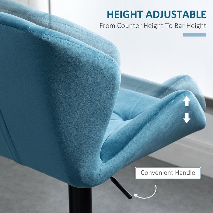 Luxury Velvet Bar Stools - Set of 2 Adjustable Metal Frame Barstools with Footrest and Round Base - Elegant Seating for Home Bar or Kitchen Island
