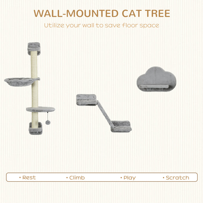 Wall-Mounted Cat Adventure Set - Includes Hammock, Jumping Platform, Ladder & Scratching Post with Play Ball - Space-Saving Cat Furniture for Active and Large Cats, Grey