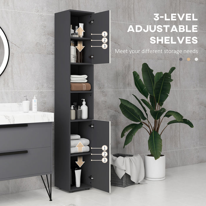 Tall 183cm Bathroom Storage Unit - Narrow Cabinet with Open Shelving and 2 Door Compartments, Adjustable Interior Shelves in Grey - Space-Saving Organizer for Bath Essentials & Linens