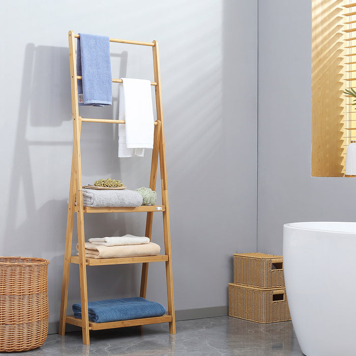 Bamboo Towel Stand with 3 Hanging Bars - Eco-Friendly Freestanding Rack with Storage Shelves - Space-Efficient Folding Design for Bathroom Organization