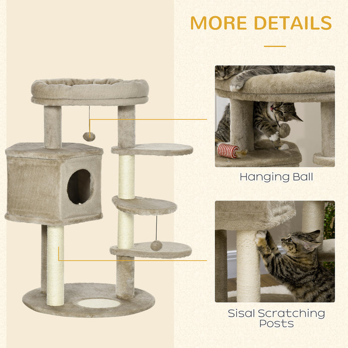 Cat Tower Playground with Sisal Scratch Posts - Multi-Level Kitty Condo with Ramp, Bed & Hanging Toy - Ideal Entertainment Center for Indoor Cats